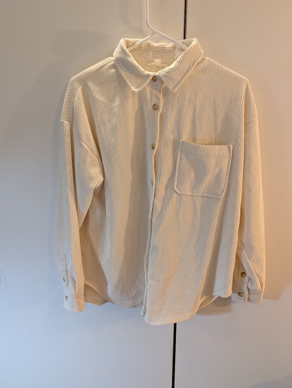 By The River Woman's Small Cream Button-Up Corduroy Shirt - Casual Pocket Shirt
